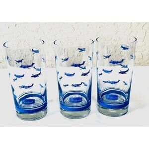 3 Beechcraft Aviation Highball Glasses With Blue Plane Design
